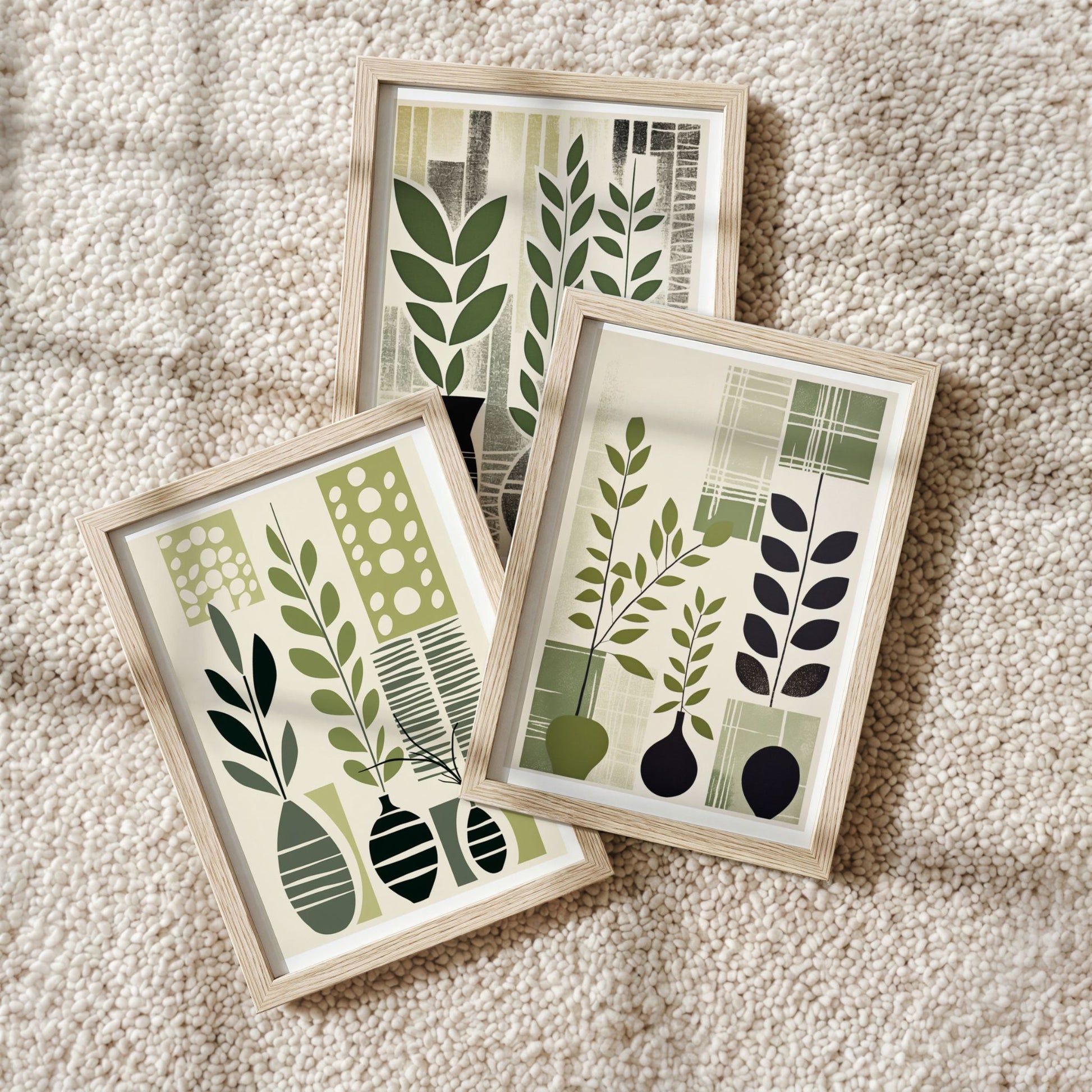 Botanical Composition Trio med tre botaniske grafiske plakater i eikerammer