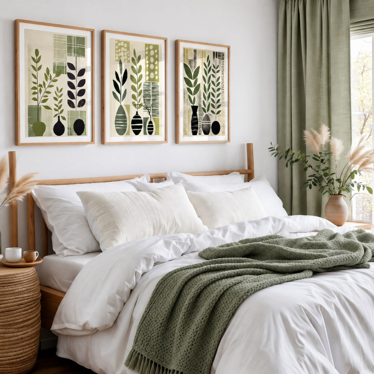 Tre botaniske plakater fra Botanical Composition Collection over seng i lyst soverom