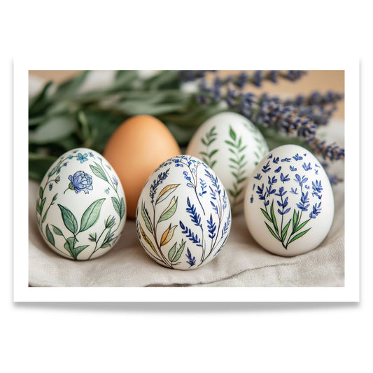 Horisontal påskeplakat med dekorerte egg med botaniske mønstre