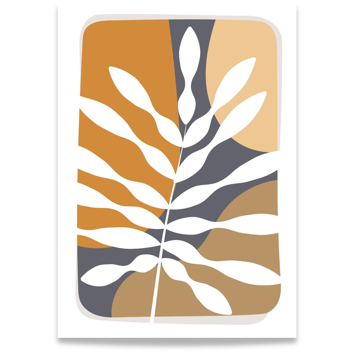 Botanical Layers grafisk Boho Wall Art-plakat med stilisert blad og organiske fargefelt i varme jordtoner
