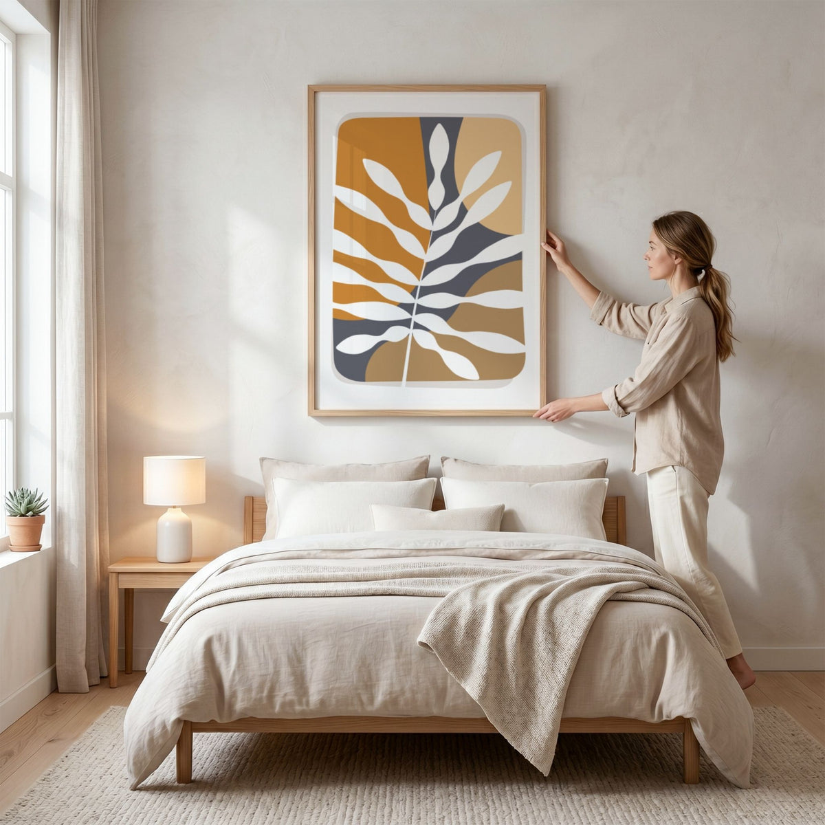 otanical Layers Boho Wall Art-plakat med grafisk bladmotiv i lyst nordisk soverom