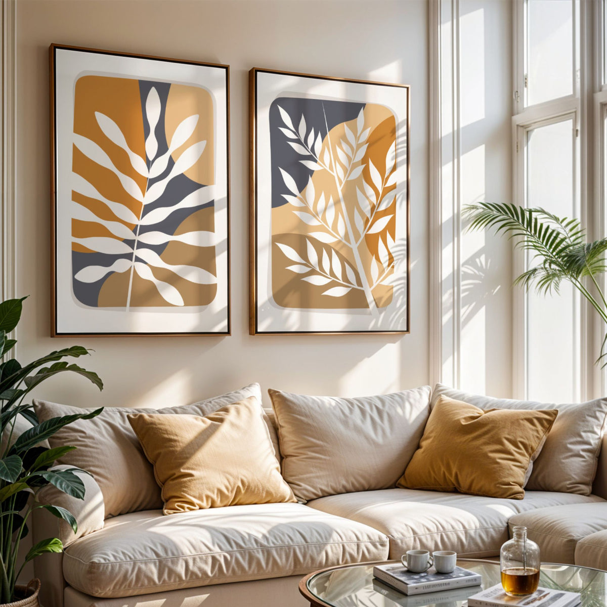Botanical Layers og Wild Botanicals botanisk plakatduo i lys stue med eikerammer