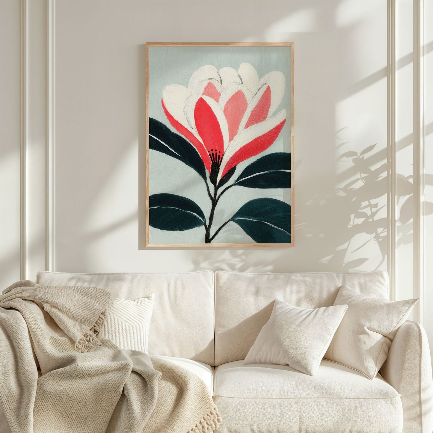 Botanisk kunsttrykk Gentle Flame som plakat over sofa i nordisk stue