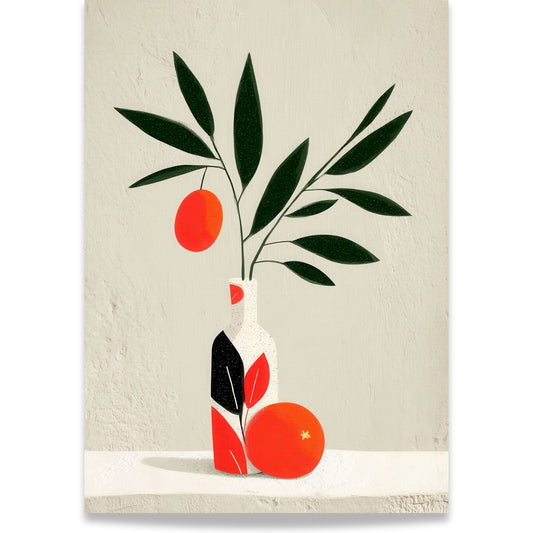 Botanisk stilleben med sitrusgren og keramikkvase i rolige naturtoner.