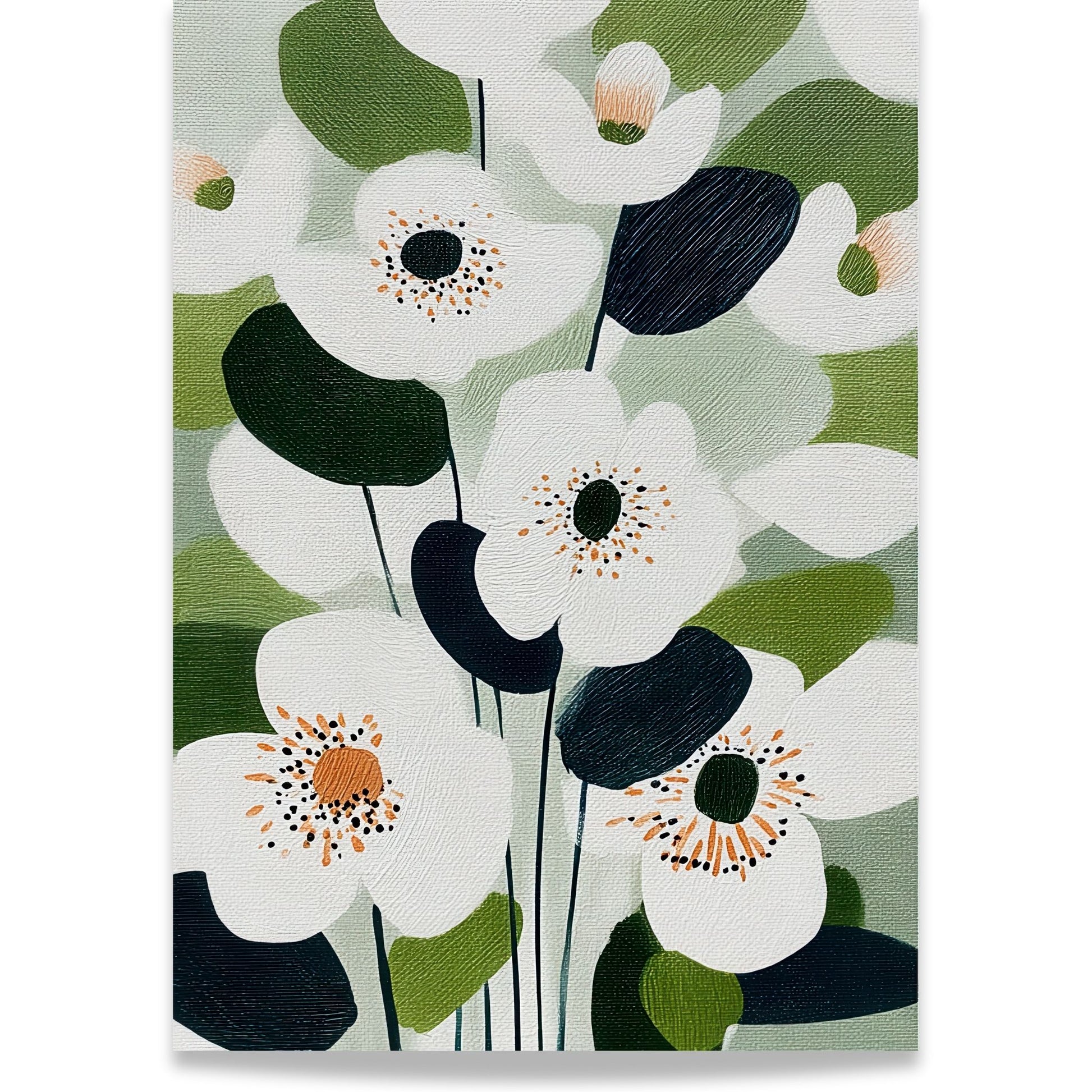 Botanisk illustrasjon med hvite blomster og grønne blader i moderne stil