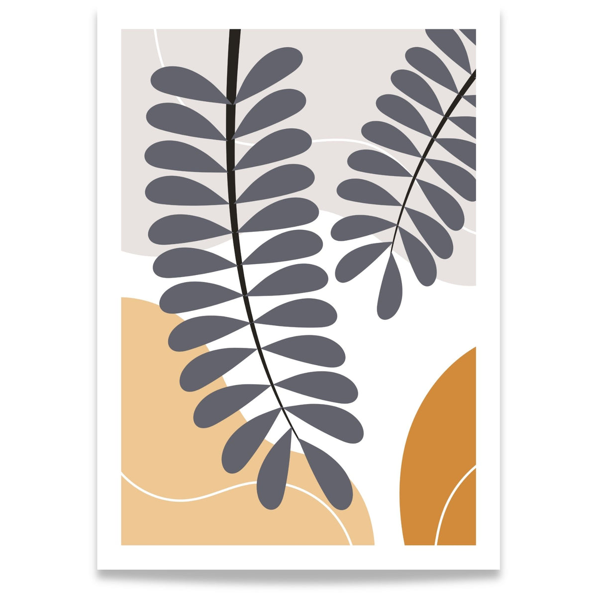 Botanical Rhythm botanisk boho-plakat i eikeramme over trebenk i lyst interiør