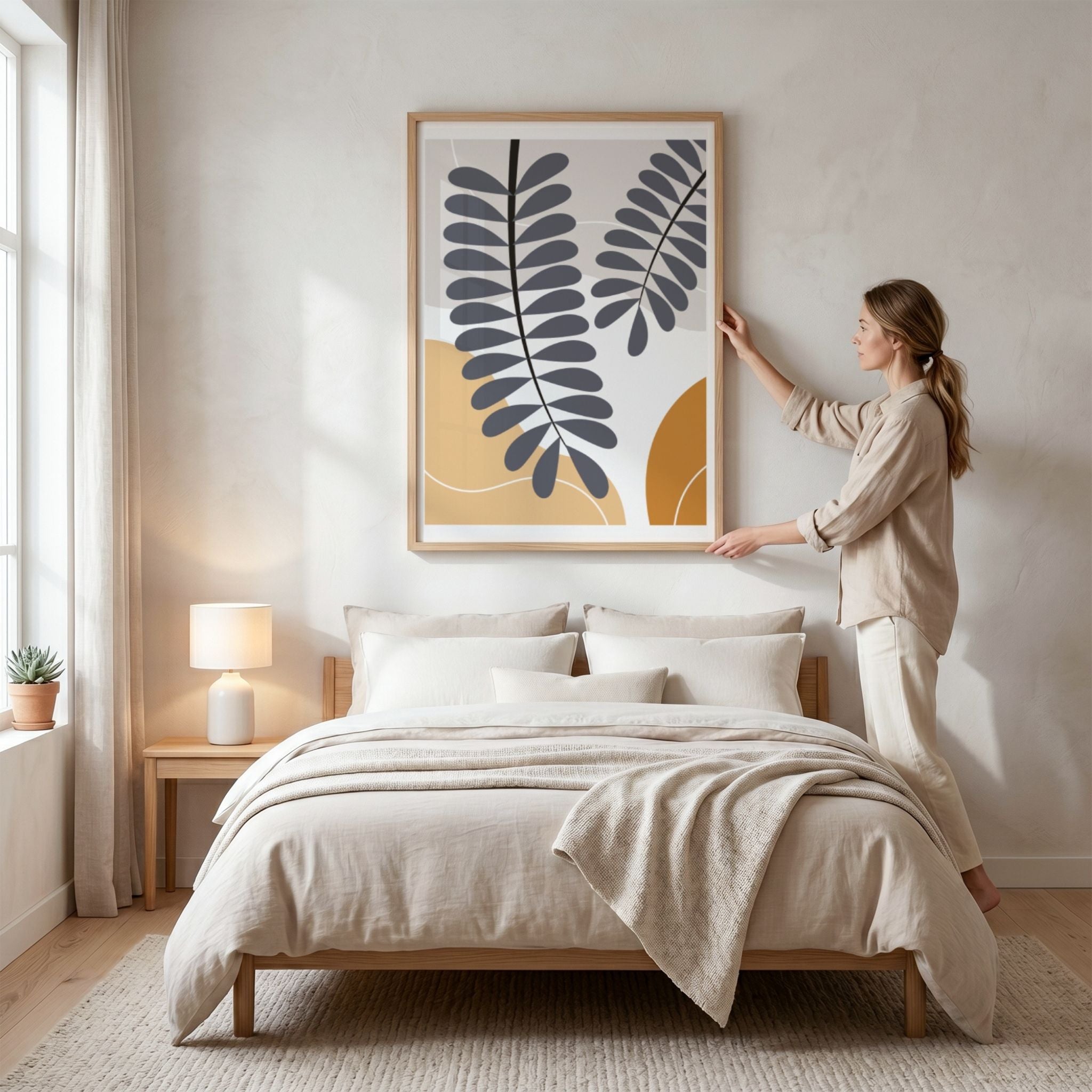 Botanical Rhythm Boho Wall Art-plakat med stiliserte blader i eikeramme over seng