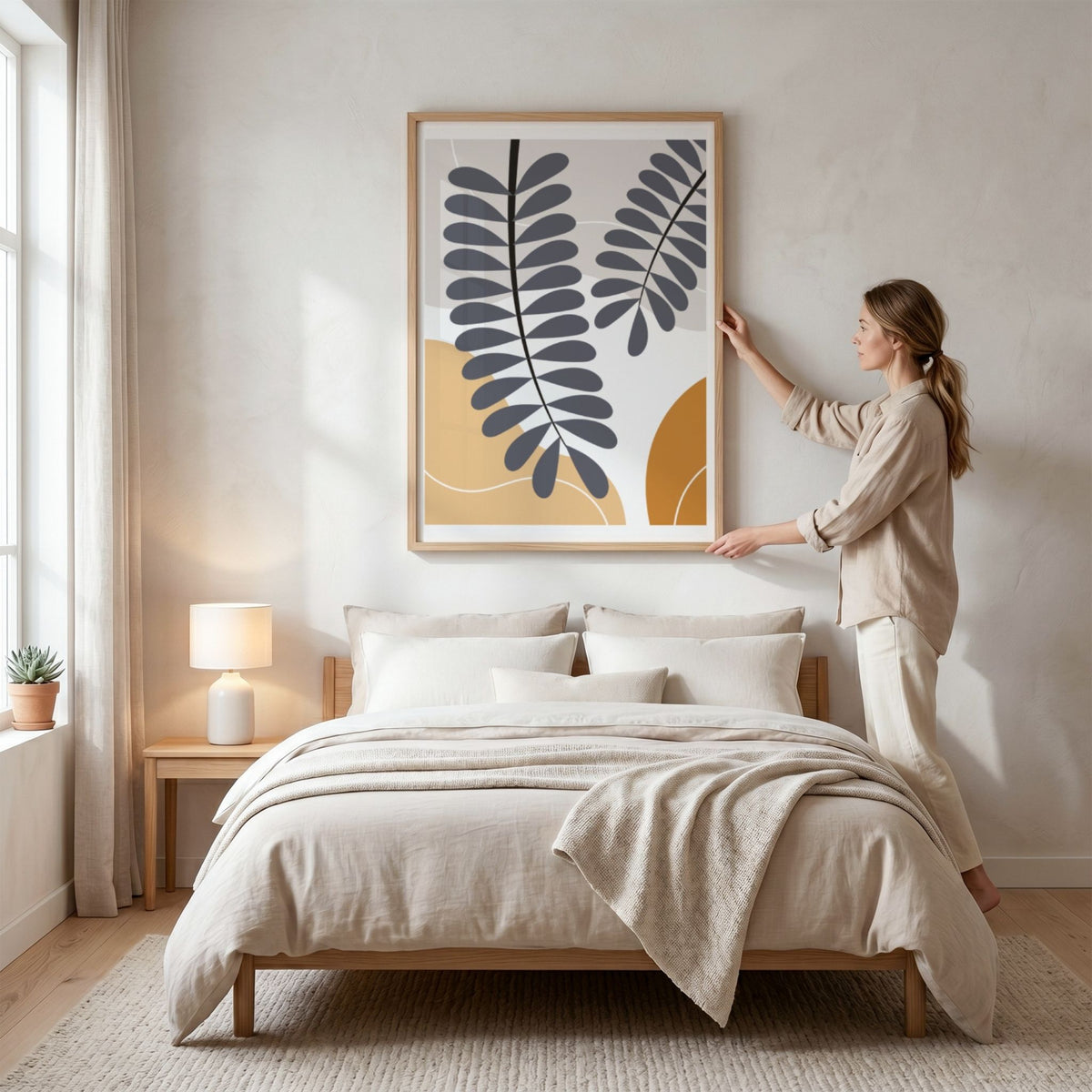 Botanical Rhythm Boho Wall Art-plakat med stiliserte blader i eikeramme over seng