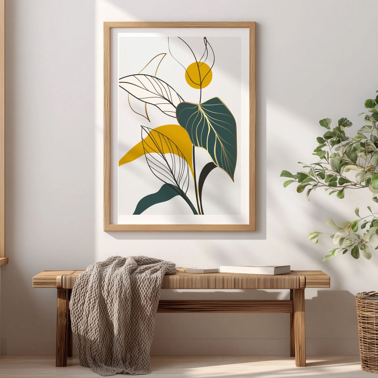 Botanical Rhythm grafisk botanisk plakat i eikeramme over trebenk i lyst interiør