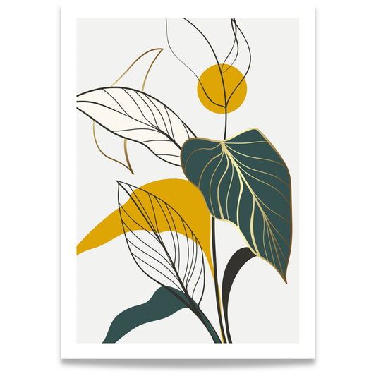 Botanical Rhythm grafisk botanisk plakat med bladformer i grønt, sort, oker og gylne toner