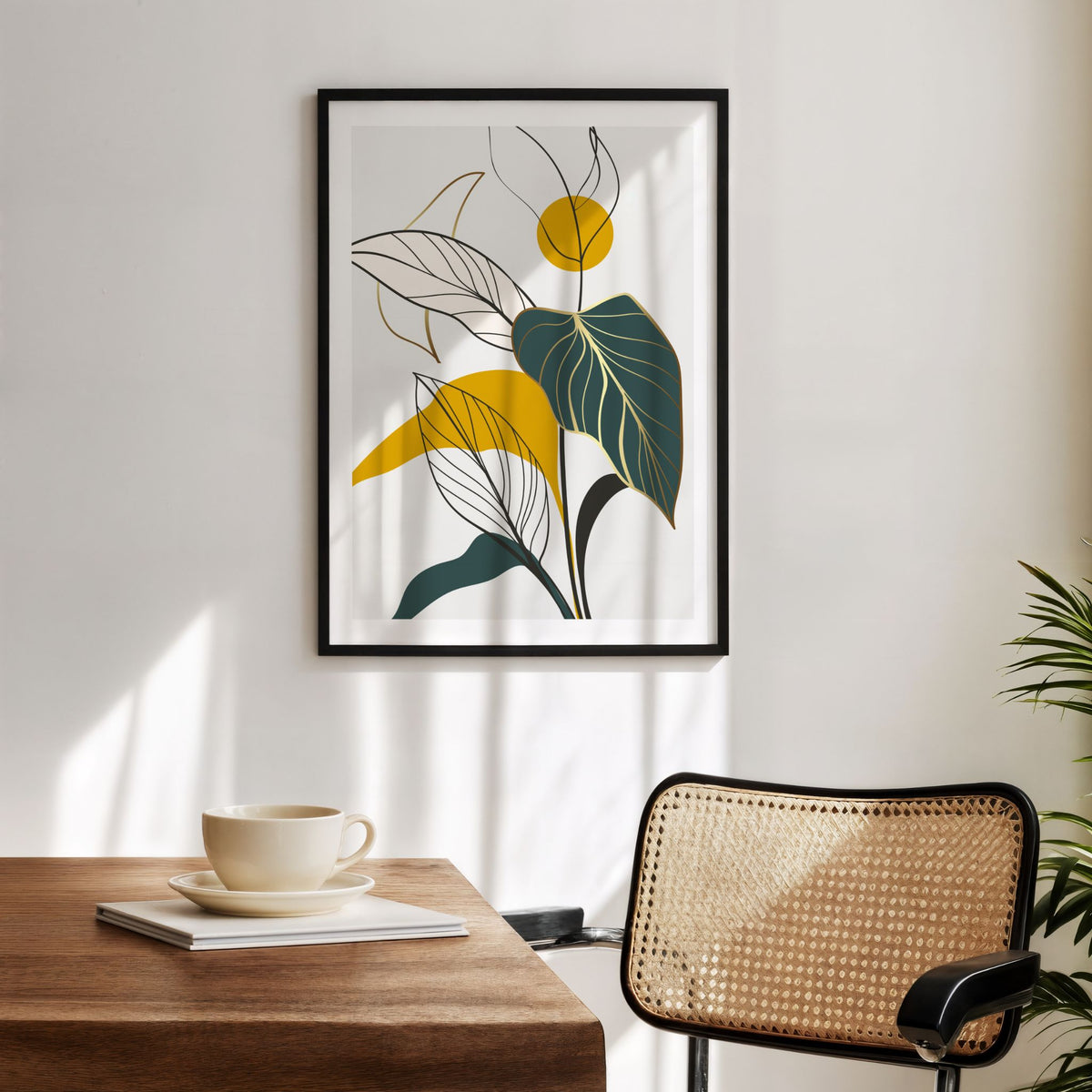 Botanical Rhythm grafisk botanisk plakat med sort ramme i moderne interiør