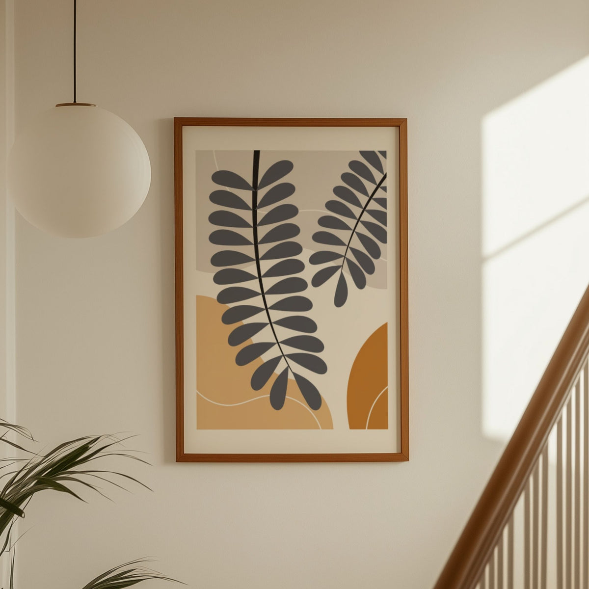 Botanical Rhythm grafisk botanisk plakat i varme jordtoner ved trapp i moderne interiør