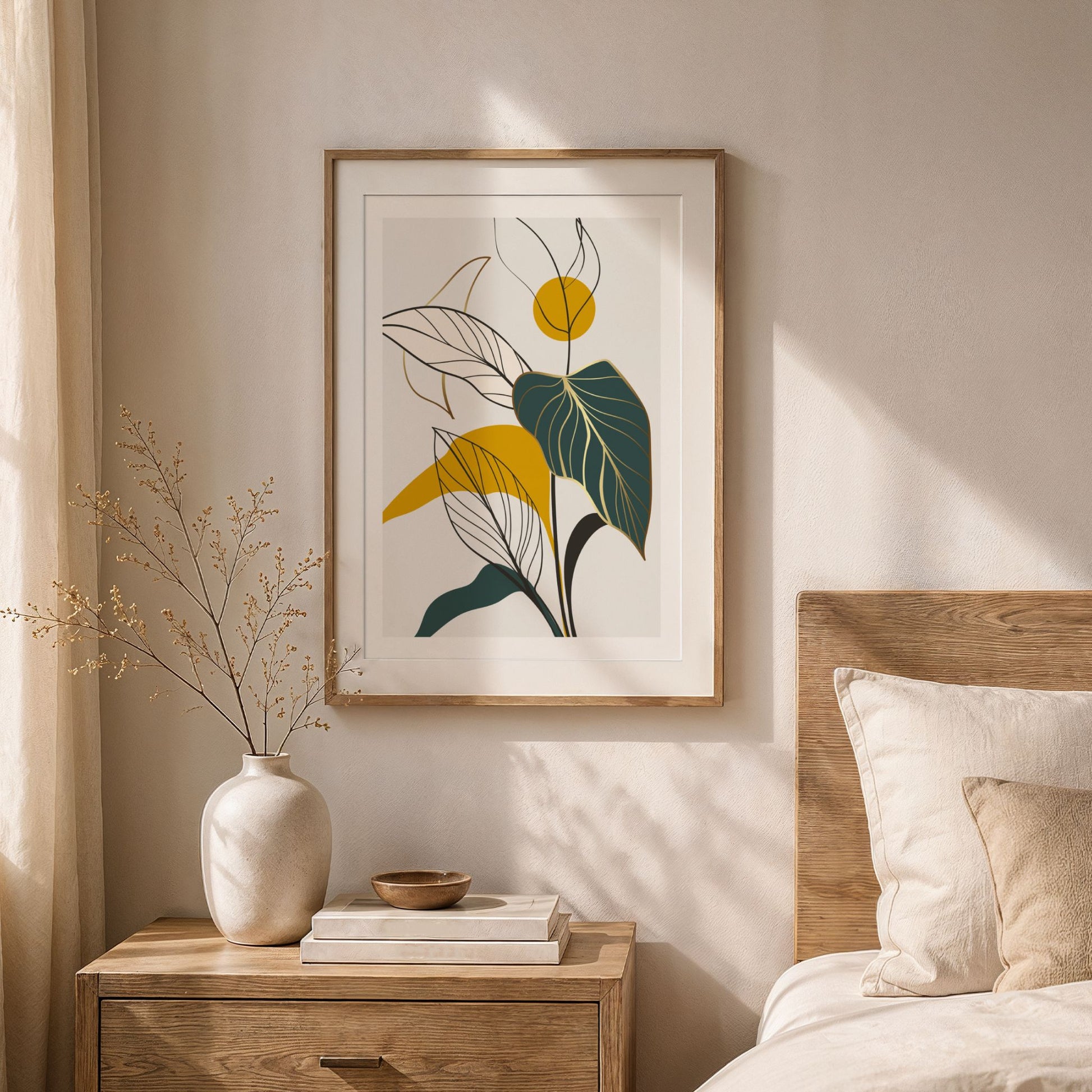 Botanical Rhythm botanisk plakat i eikeramme i varmt og lyst soverom