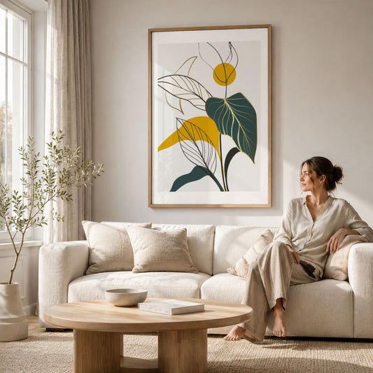 Botanical Rhythm botanisk plakat i eikeramme over lys sofa i moderne stue