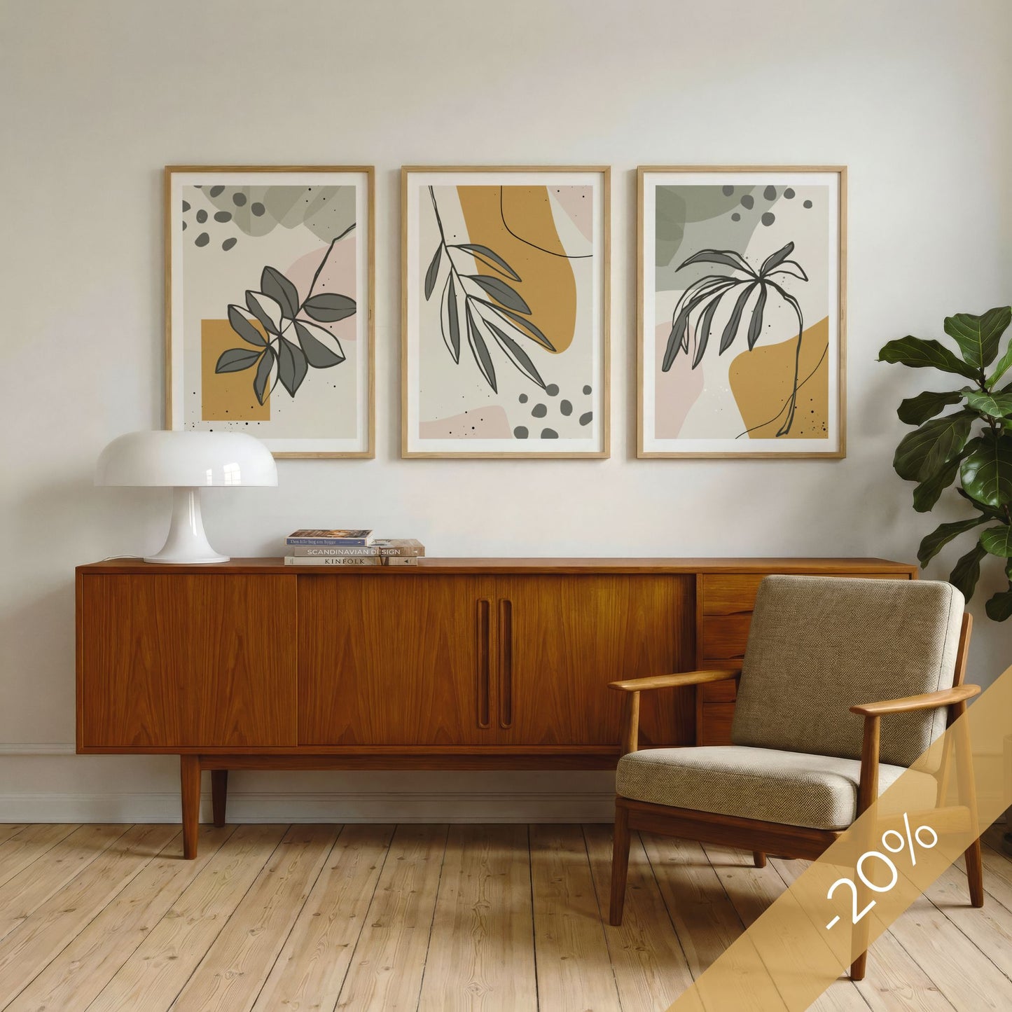 Botanical Shapes Trio med tre grafiske botaniske plakater i eikerammer over skjenk