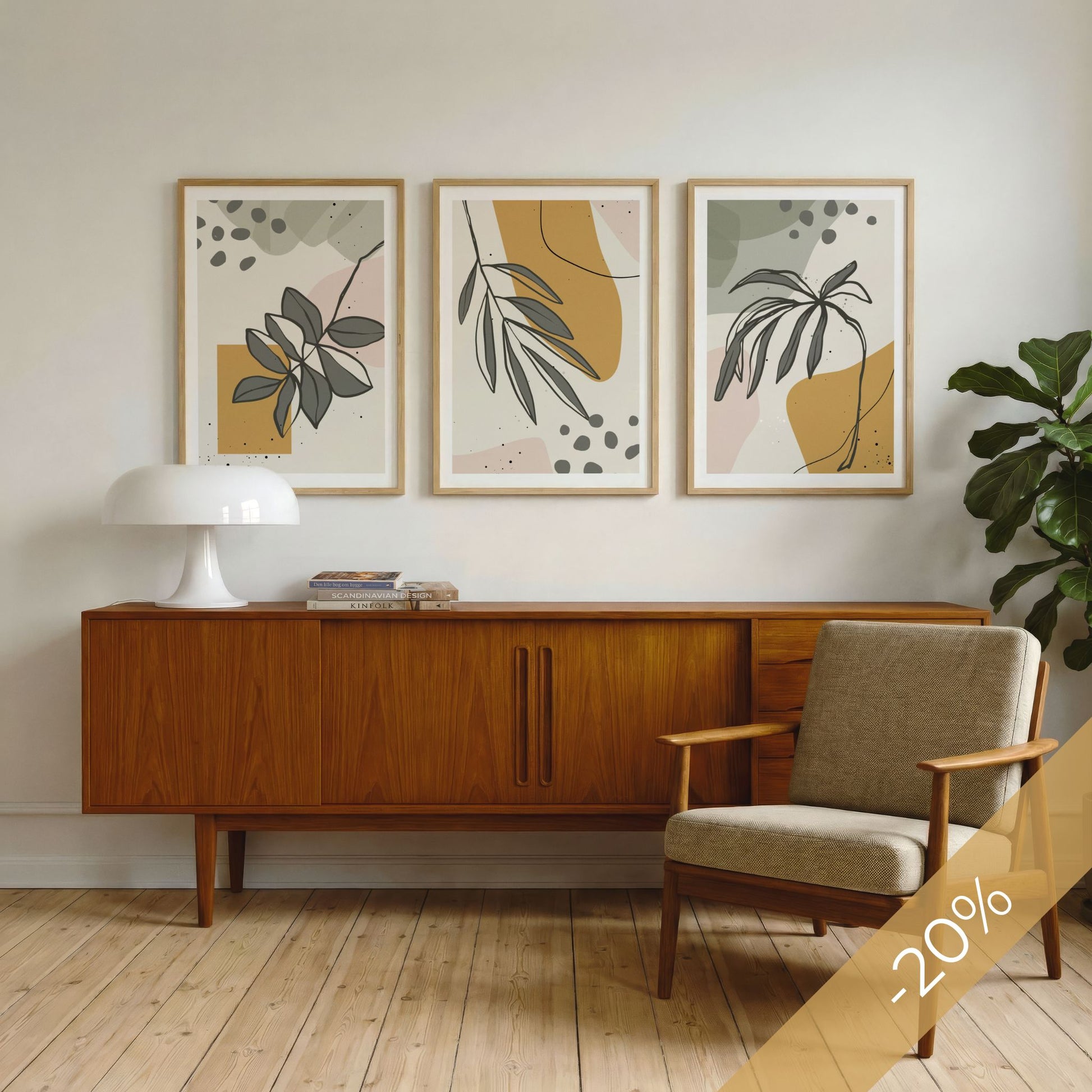Botanical Shapes Trio med tre grafiske botaniske plakater i eikerammer over skjenk