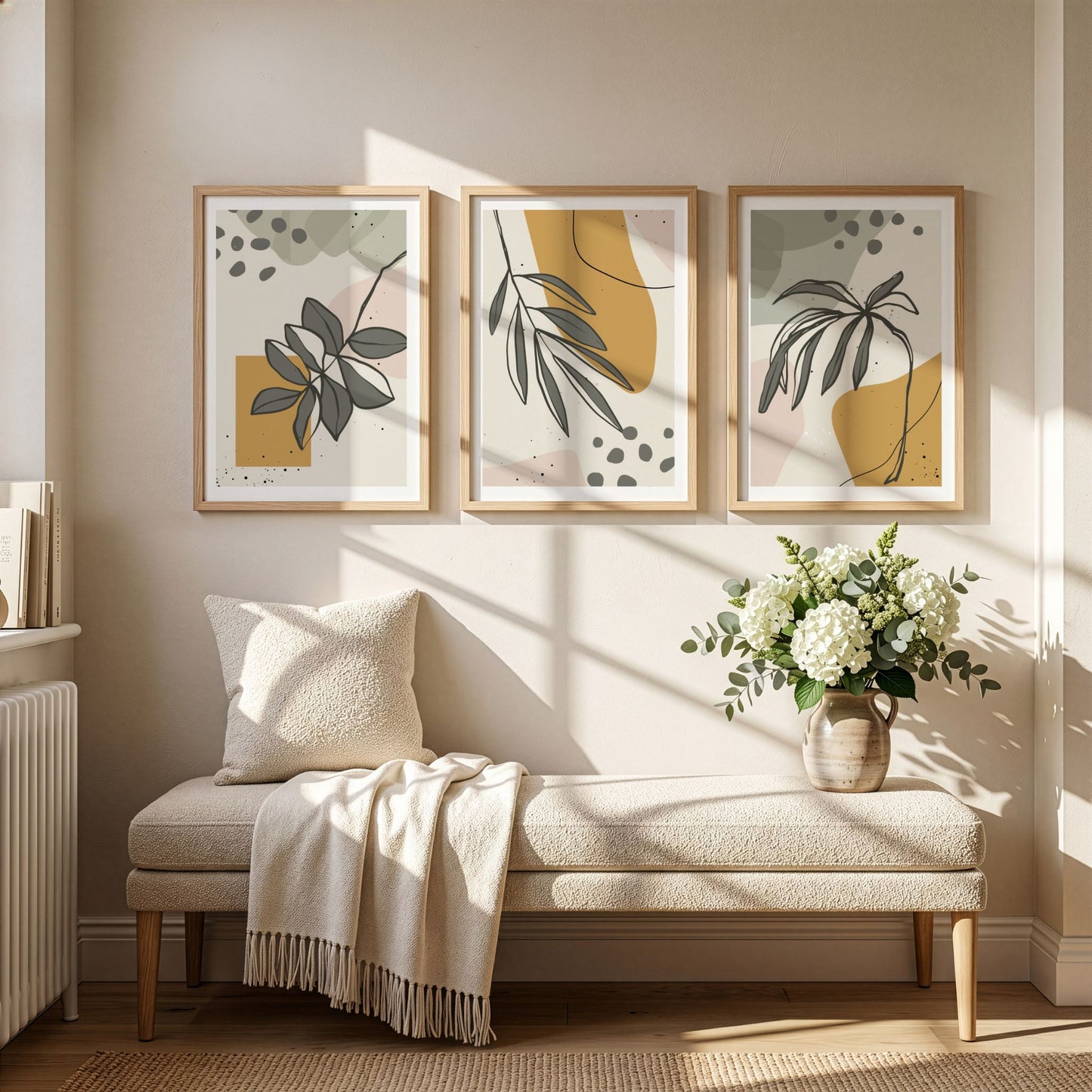 Tre grafiske plakater fra Botanical Shapes Collection over benk i lys stue