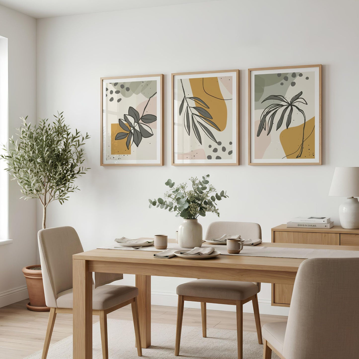 Botanical Shapes Trio med tre botaniske plakater i eikerammer i lys spisestue