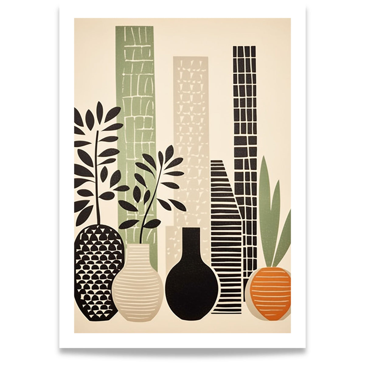 Botanical Still Life – grafisk botanisk plakat med vaser og planteformer i grønt, beige, sort og rustoransje