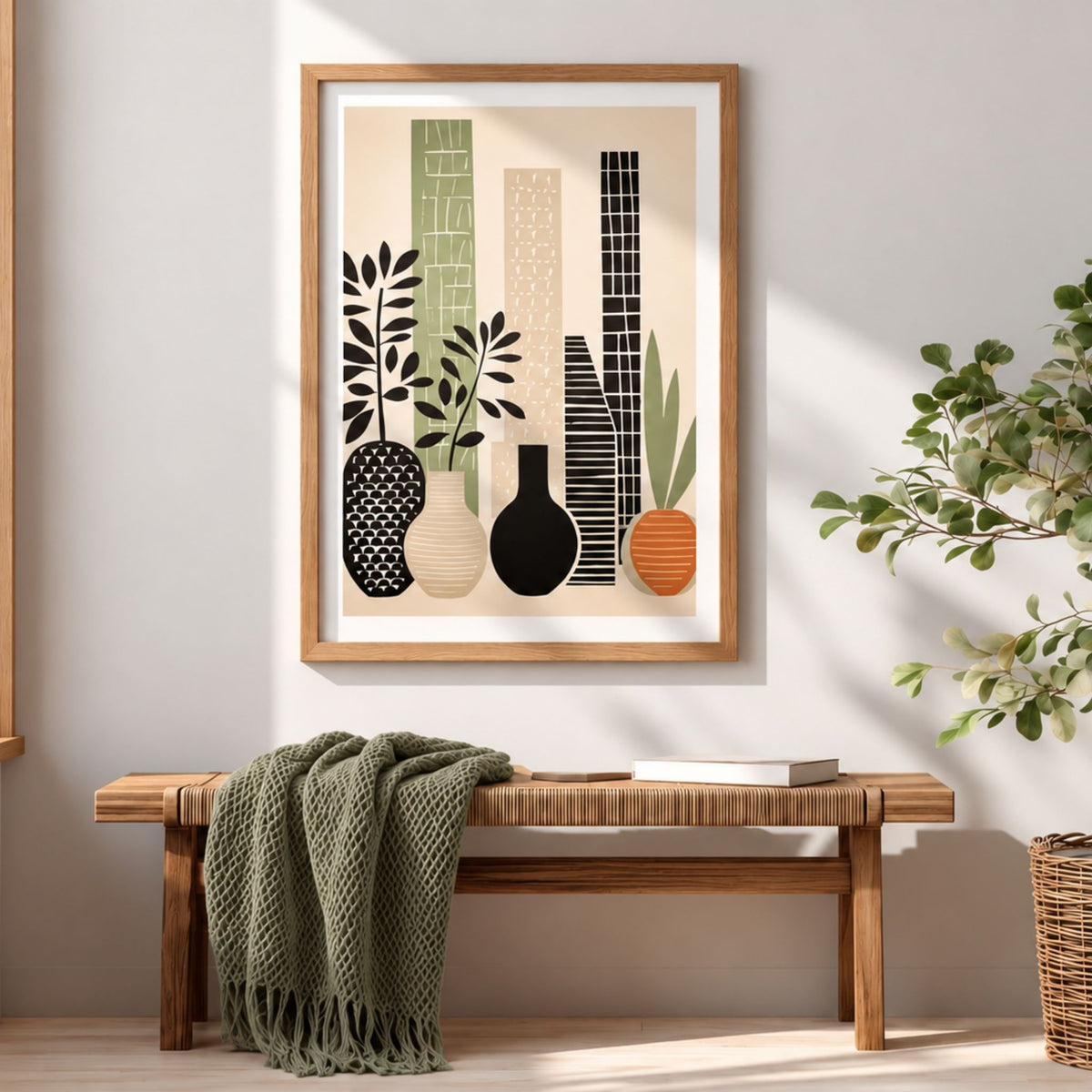 Botanical Still Life botanisk plakat i eikeramme over trebenk med grønt pledd