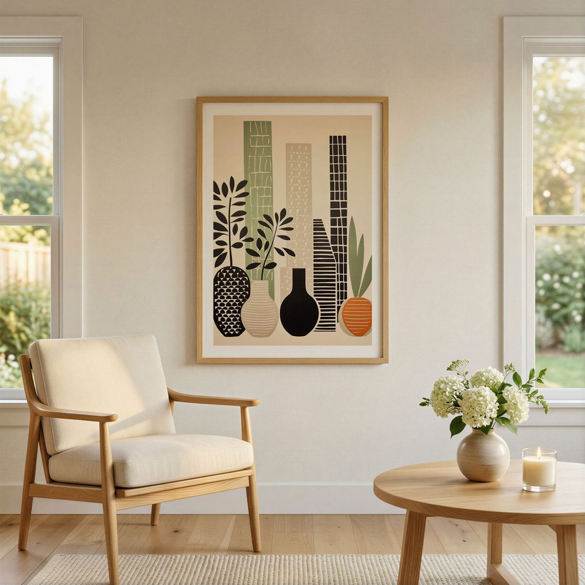 Botanical Still Life botanisk plakat i lys stue med eikemøbler og naturlige toner