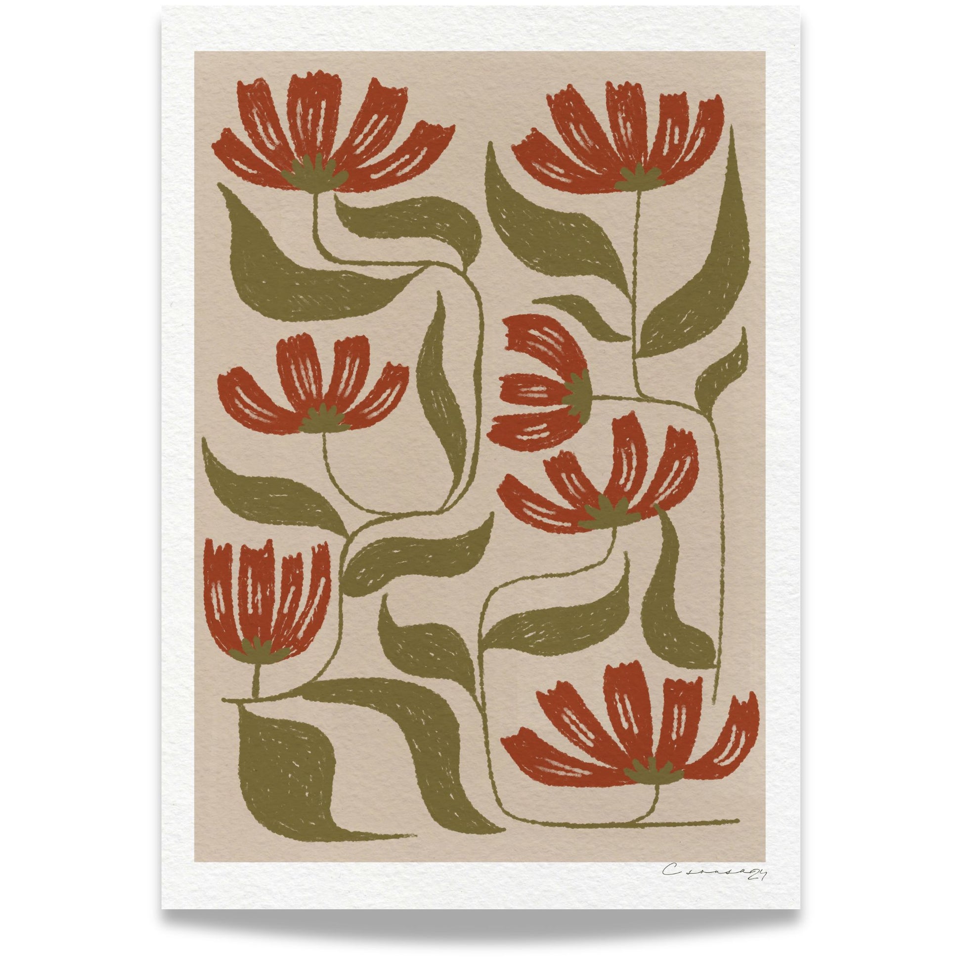 Botanisk Eleganse – retro botanisk plakat med stiliserte blomster i terrakotta og olivengrønt