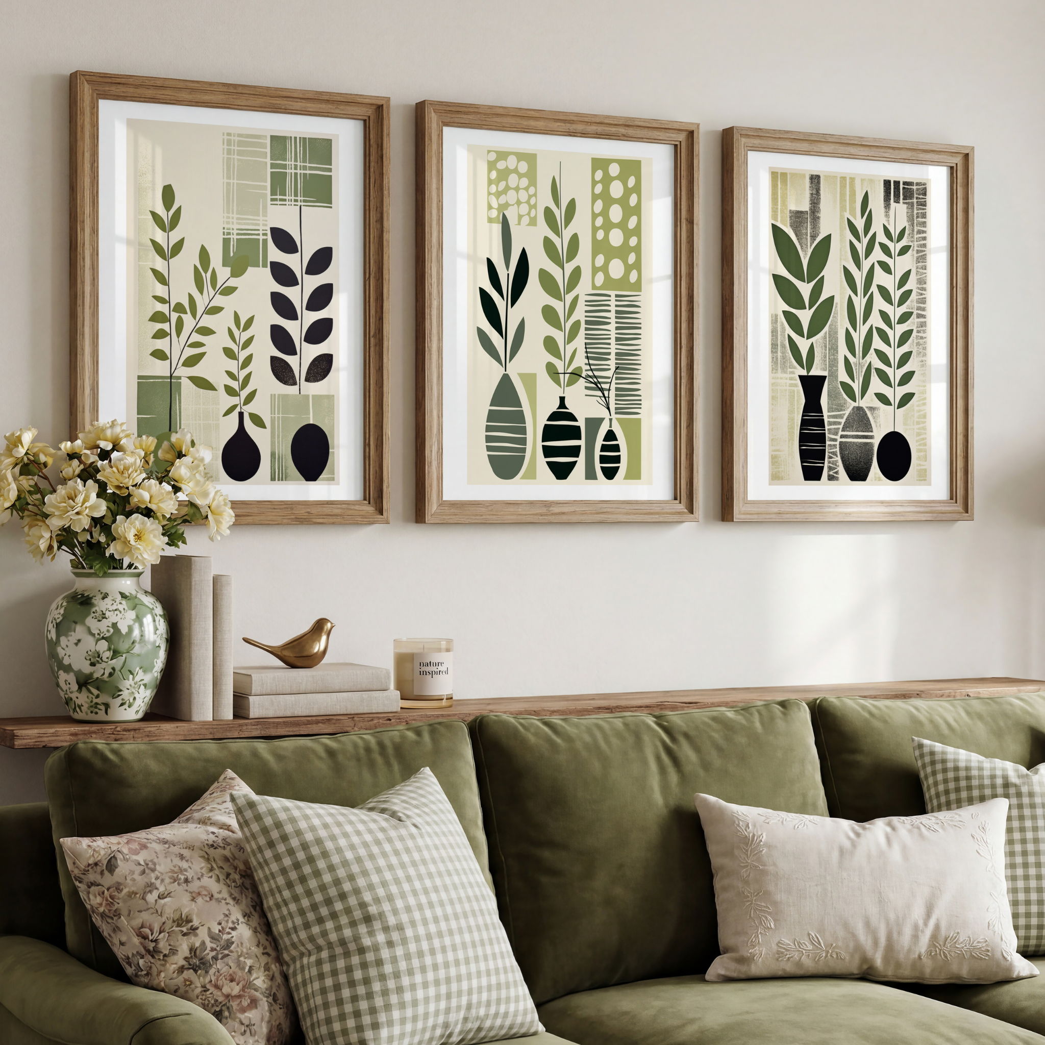 Tre botaniske plakater i grønne og beige toner over grønn sofa