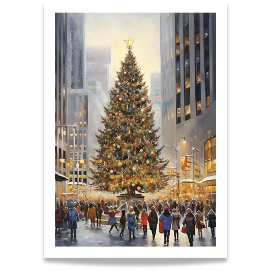 Byens store juletre plakat med stort opplyst juletre og vinterlig byliv