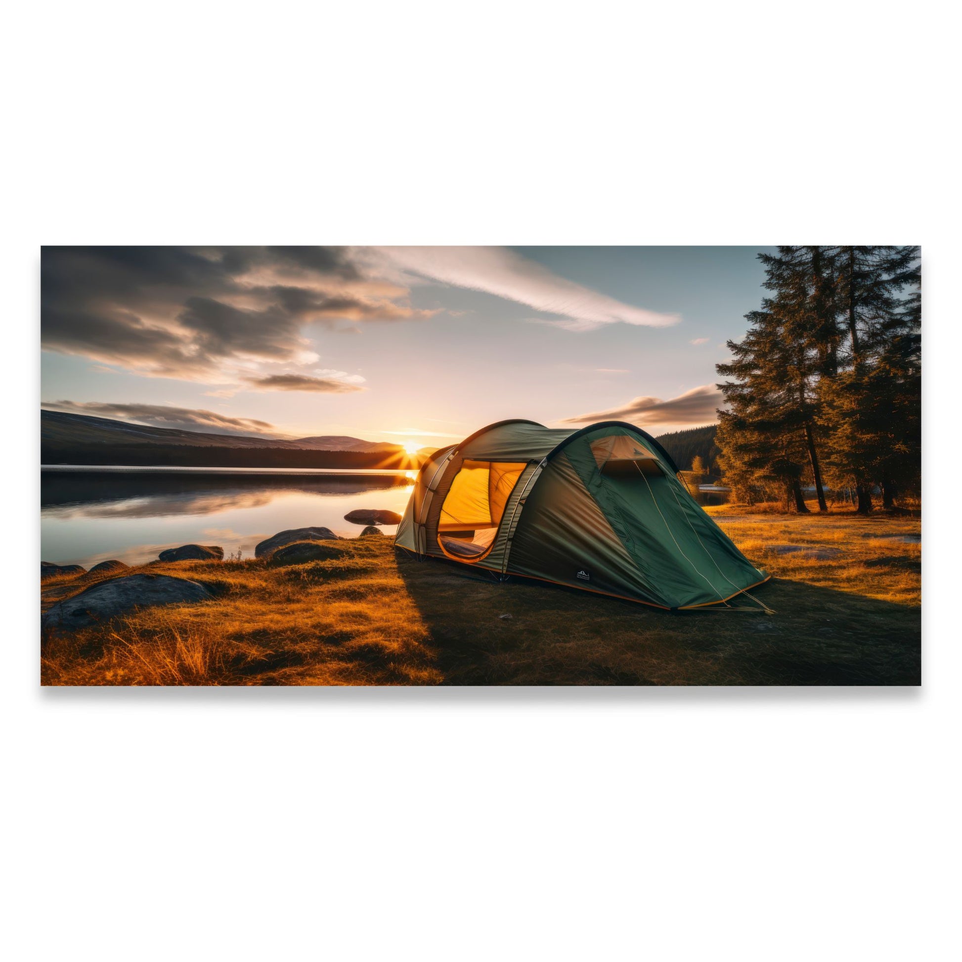 Campfire Escape – lerretsbilde med telt ved vannet i varmt kveldslys