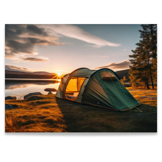 Campfire Escape – lerretsbilde med telt ved vannet i varmt kveldslys