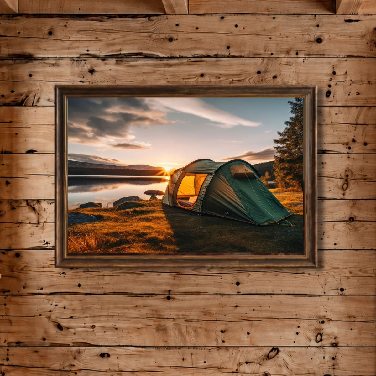 Nærbilde av Campfire Escape jakt- og villmarksmotiv i mørk treramme.