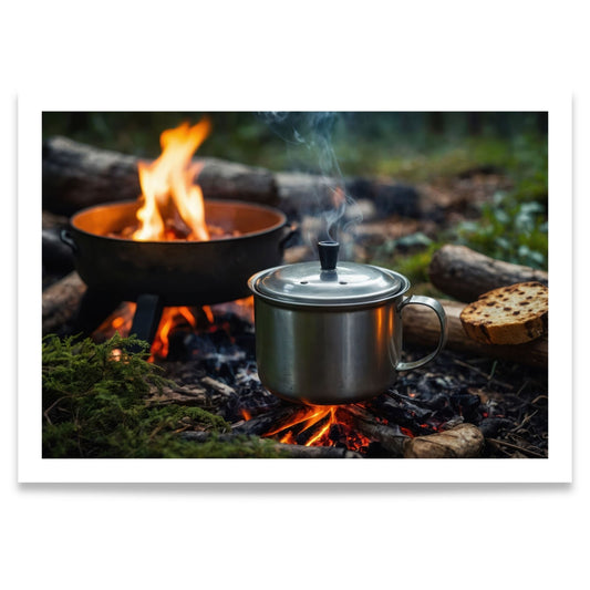 Plakat med kaffekjele over bål i skogen.