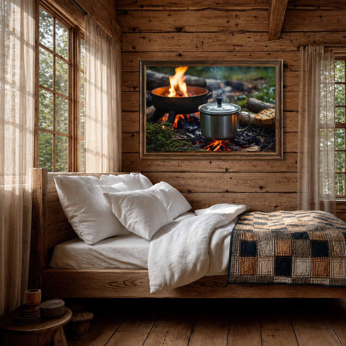Campfire Moments plakat over seng i tømmerhytte.