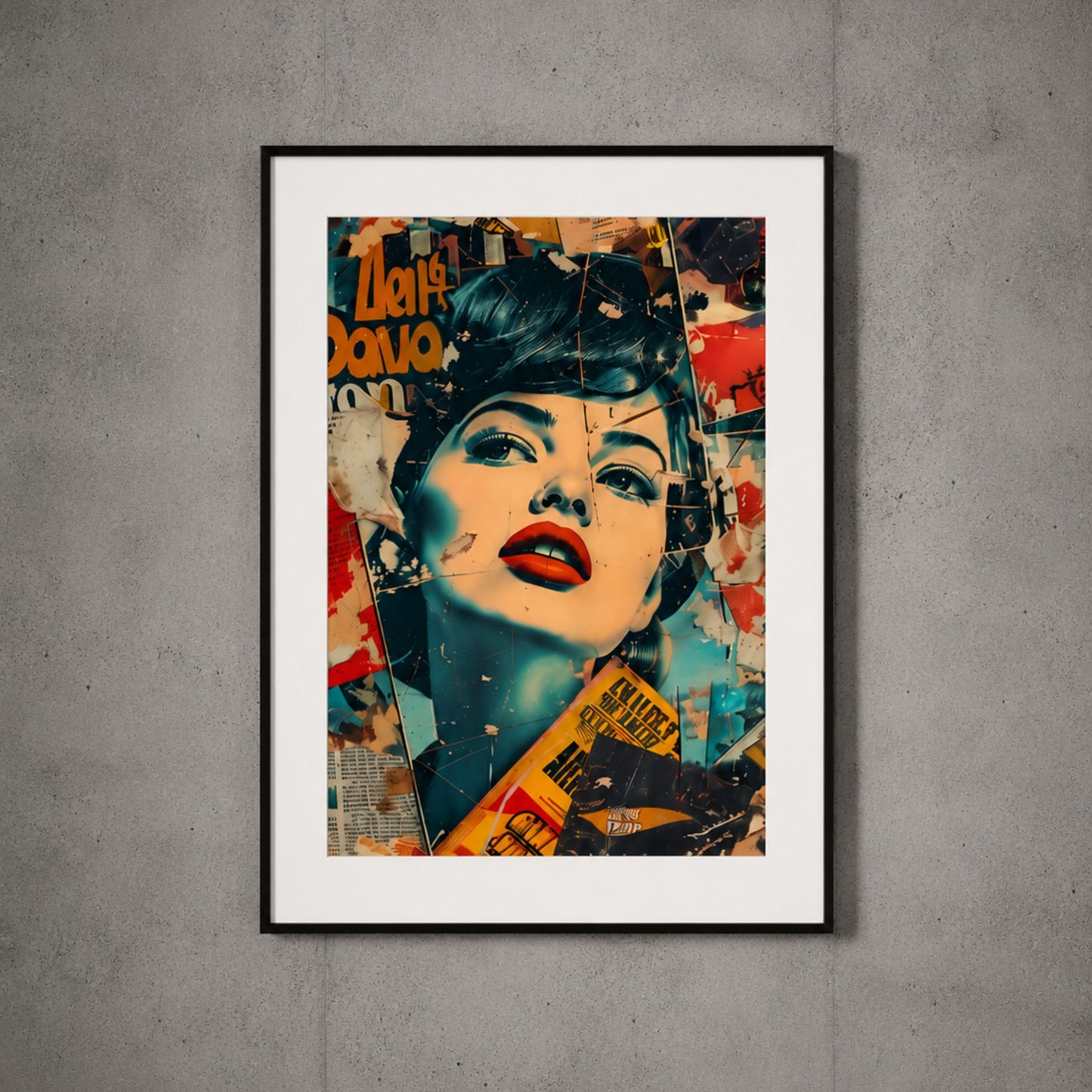Nærbilde av Captivating Collages – Electric Beauty innrammet på betongvegg som viser motivets detaljer og farger.