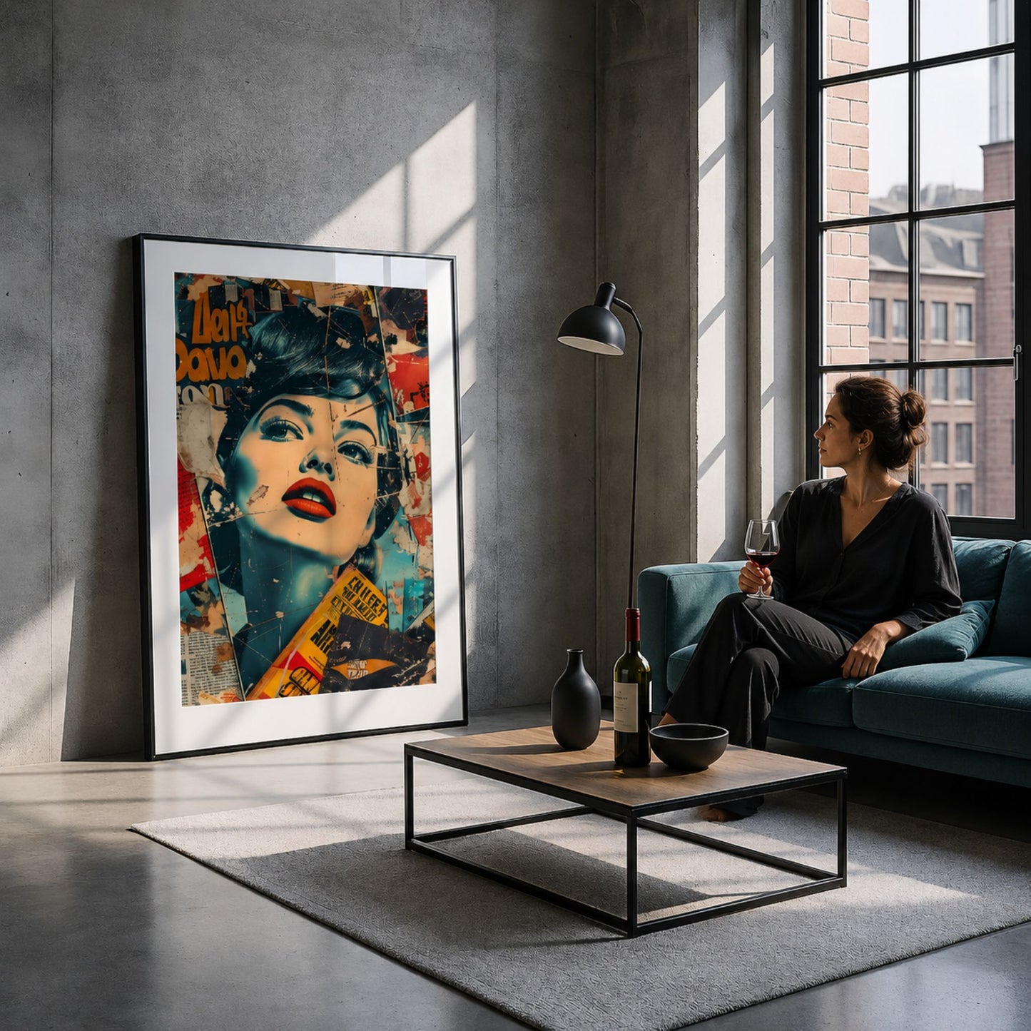 Captivating Collages – Electric Beauty plakat vist i moderne stue med kvinne som nyter motivet fra sofaen.