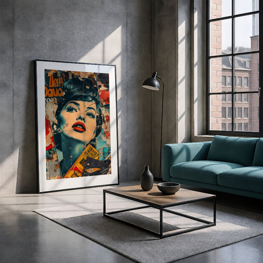 Captivating Collages – Electric Beauty plakat i moderne stue med turkis sofa og industrielt interiør.