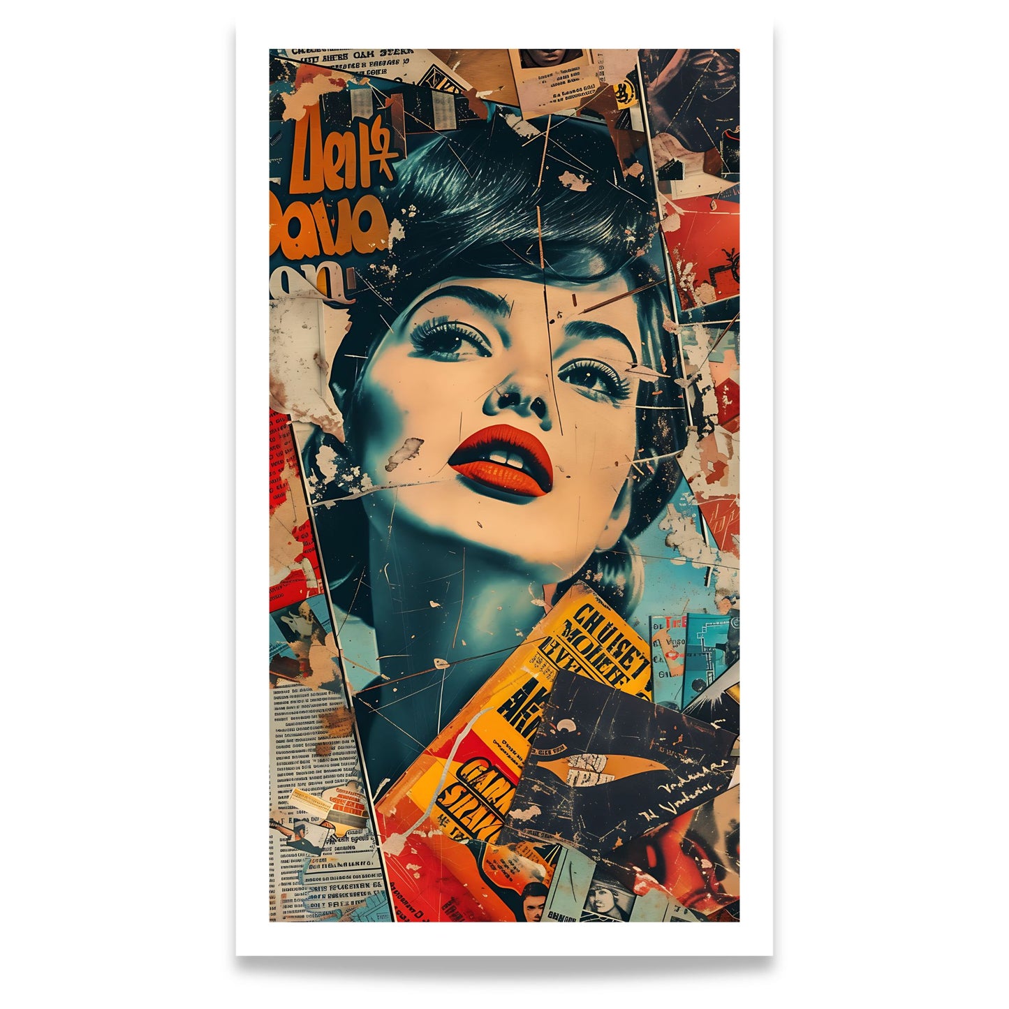 Captivating Collages – Electric Beauty grafisk collageplakat med stilisert kvinneportrett og pop art-inspirerte detaljer. Format 80x140