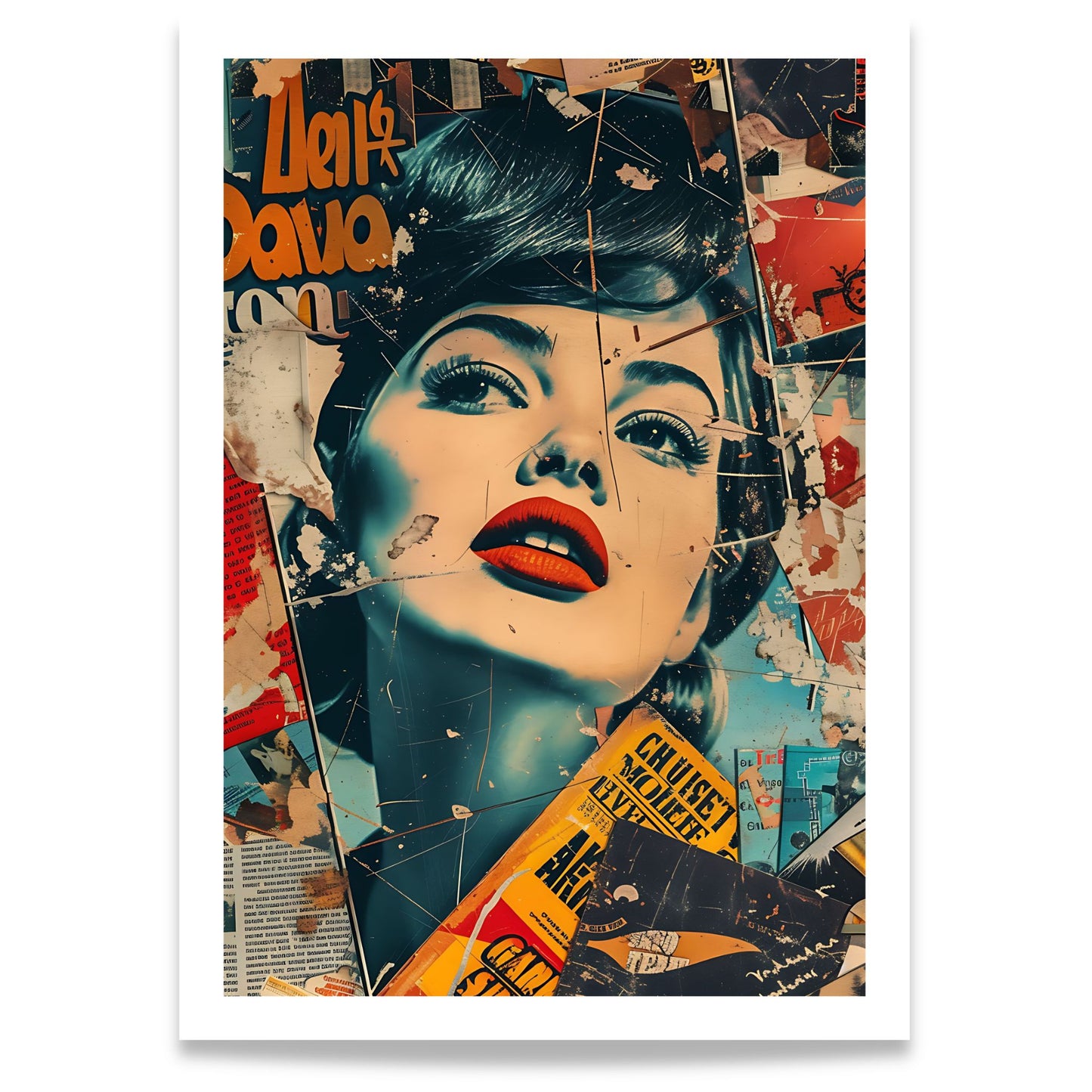 Captivating Collages – Electric Beauty grafisk collageplakat med stilisert kvinneportrett og pop art-inspirerte detaljer.