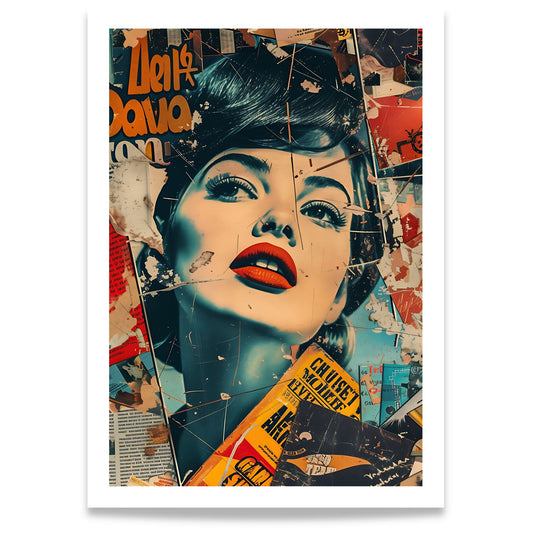 Captivating Collages – Electric Beauty grafisk collageplakat med stilisert kvinneportrett og pop art-inspirerte detaljer.