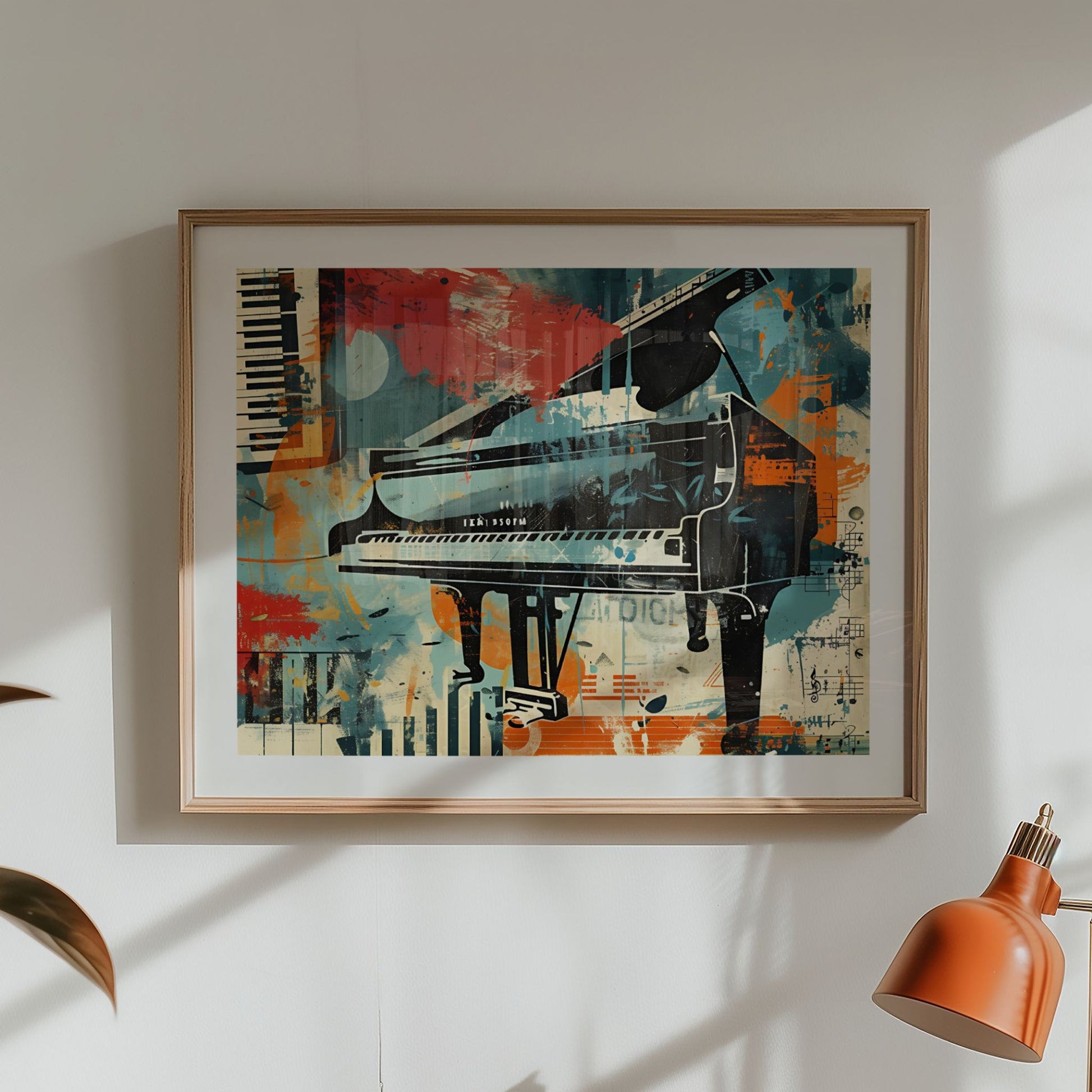 Innrammet Grand Piano plakat med grafisk flygelmotiv i et moderne musikkinteriør.