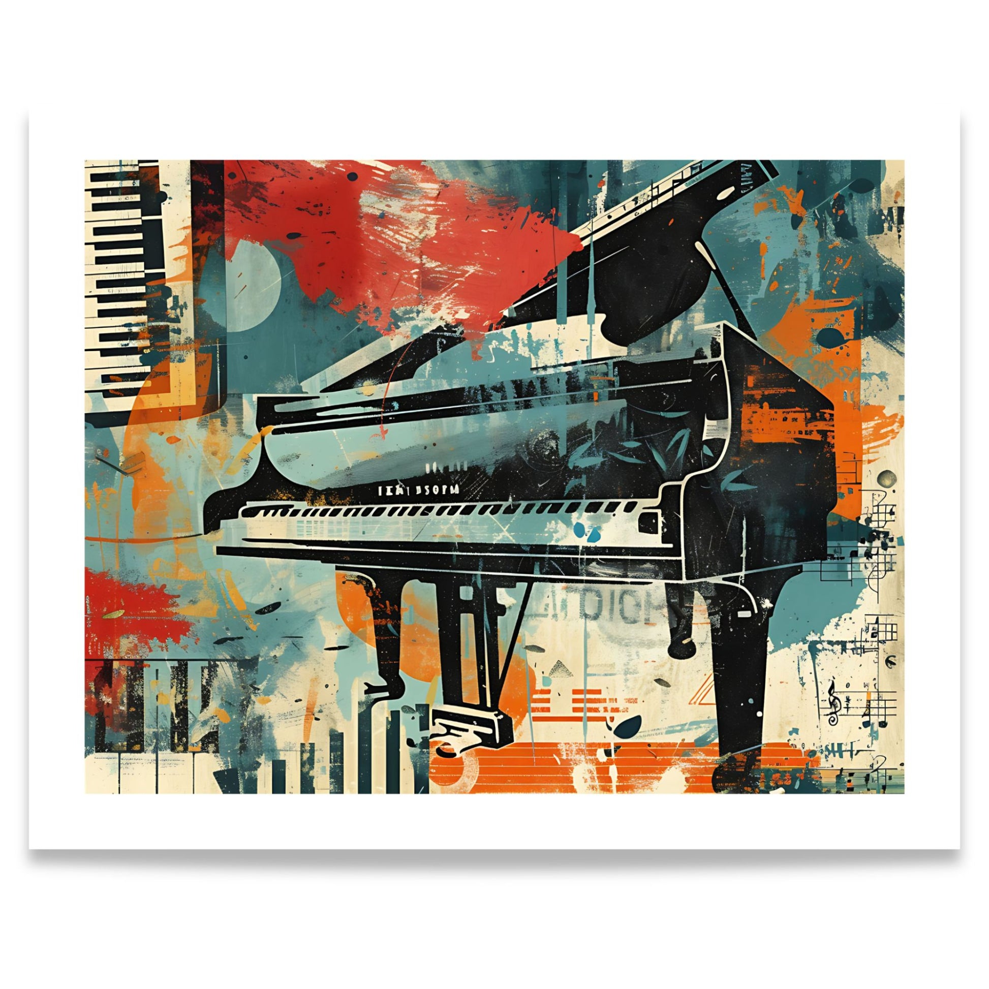 Captivating Collages – Grand Piano grafisk kunstplakat med flygel, pianotangenter og moderne collagekunst. Format 40x50