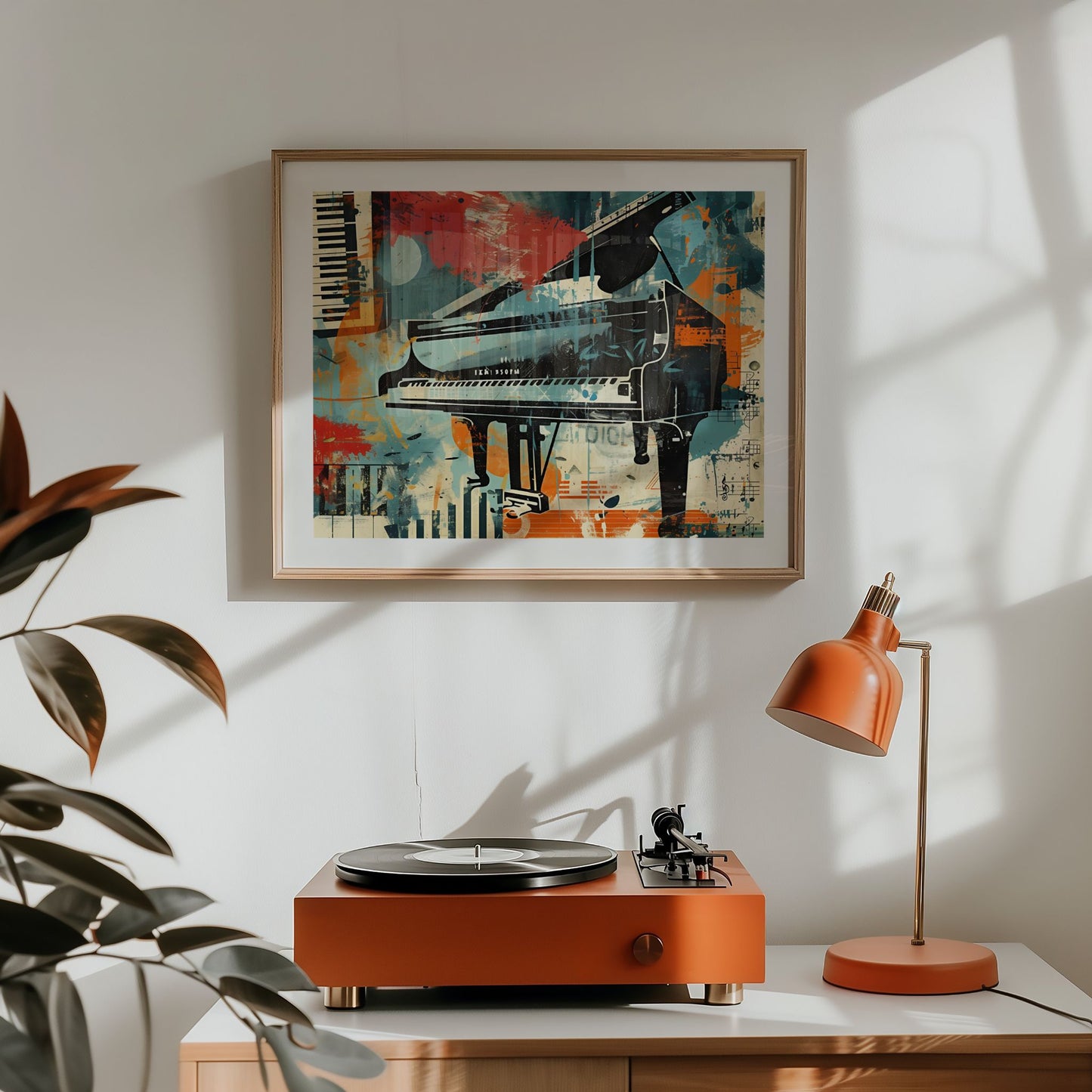 Captivating Collages – Grand Piano plakat over platespiller i moderne interiør.