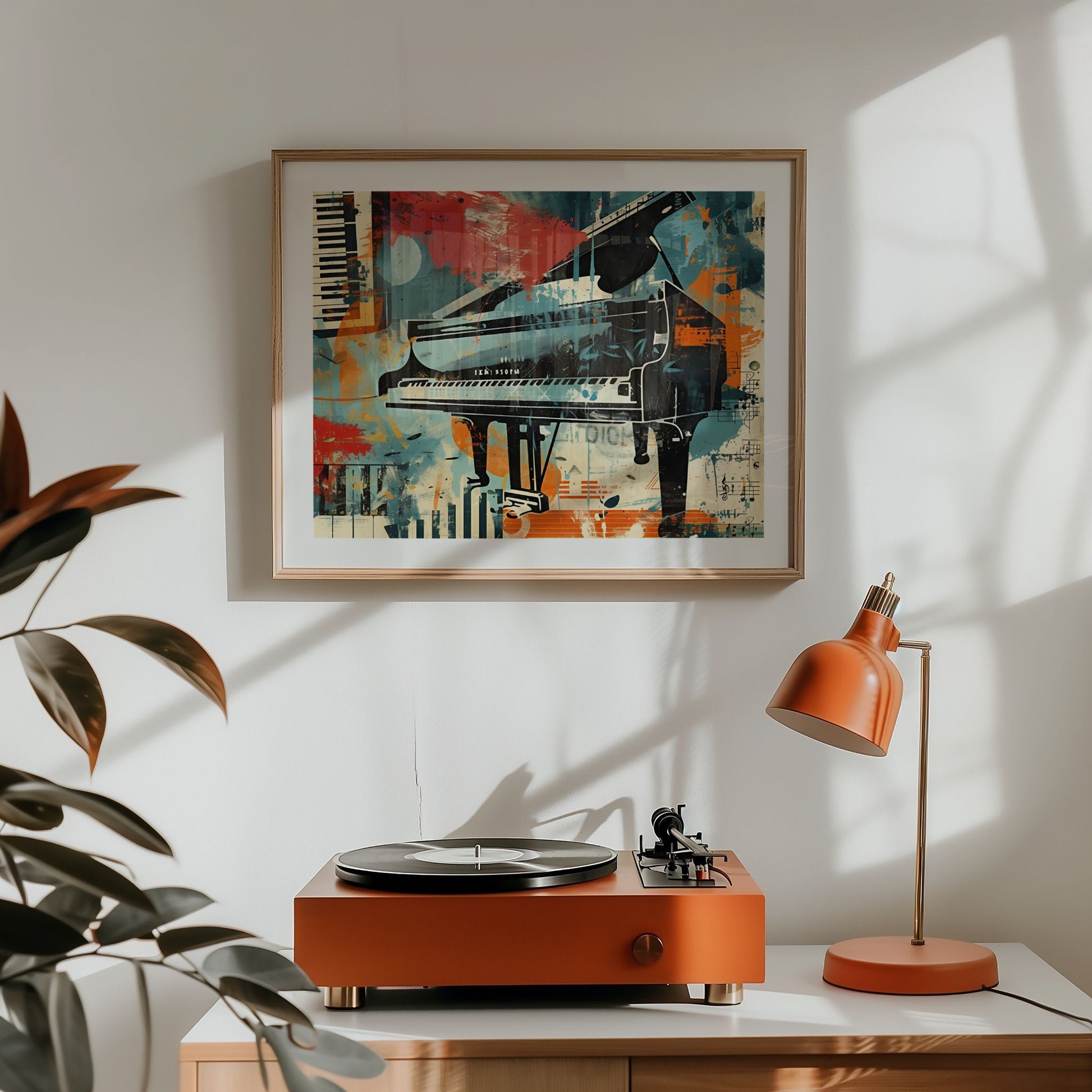 Captivating Collages – Grand Piano plakat over platespiller i moderne interiør.