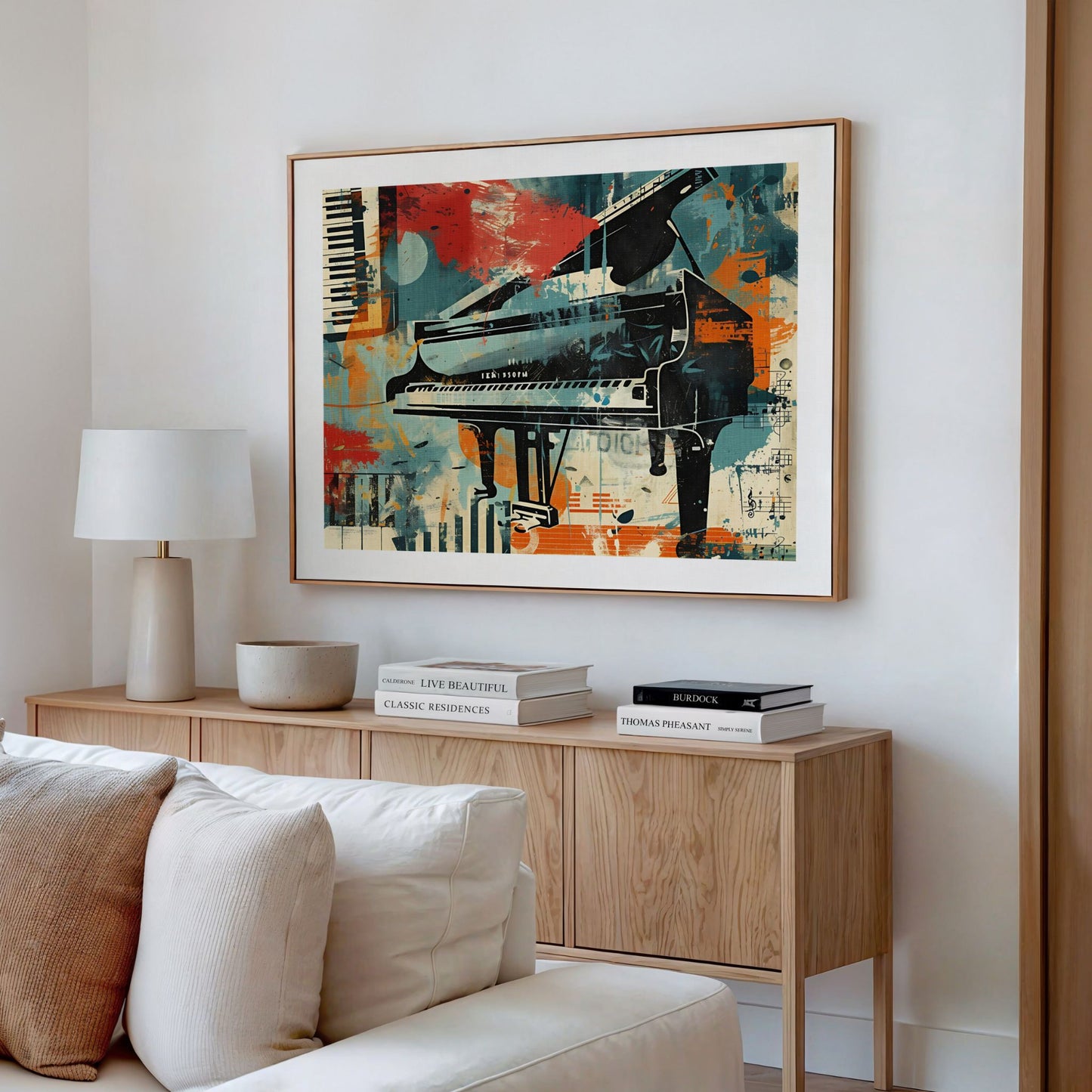 Grand Piano kunstplakat fra Captivating Collages som blikkfang i en lys og moderne stue.