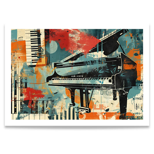 Captivating Collages – Grand Piano grafisk kunstplakat med flygel, pianotangenter og moderne collagekunst.