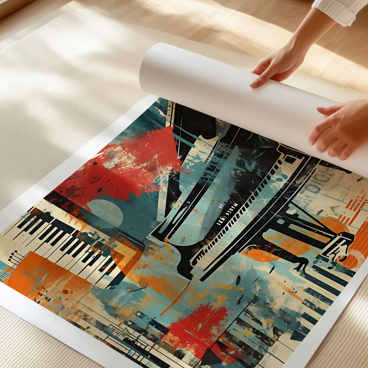 Nærbilde av Captivating Collages – Grand Piano som viser trykk på Premium Matte 230 g kunstpapir.