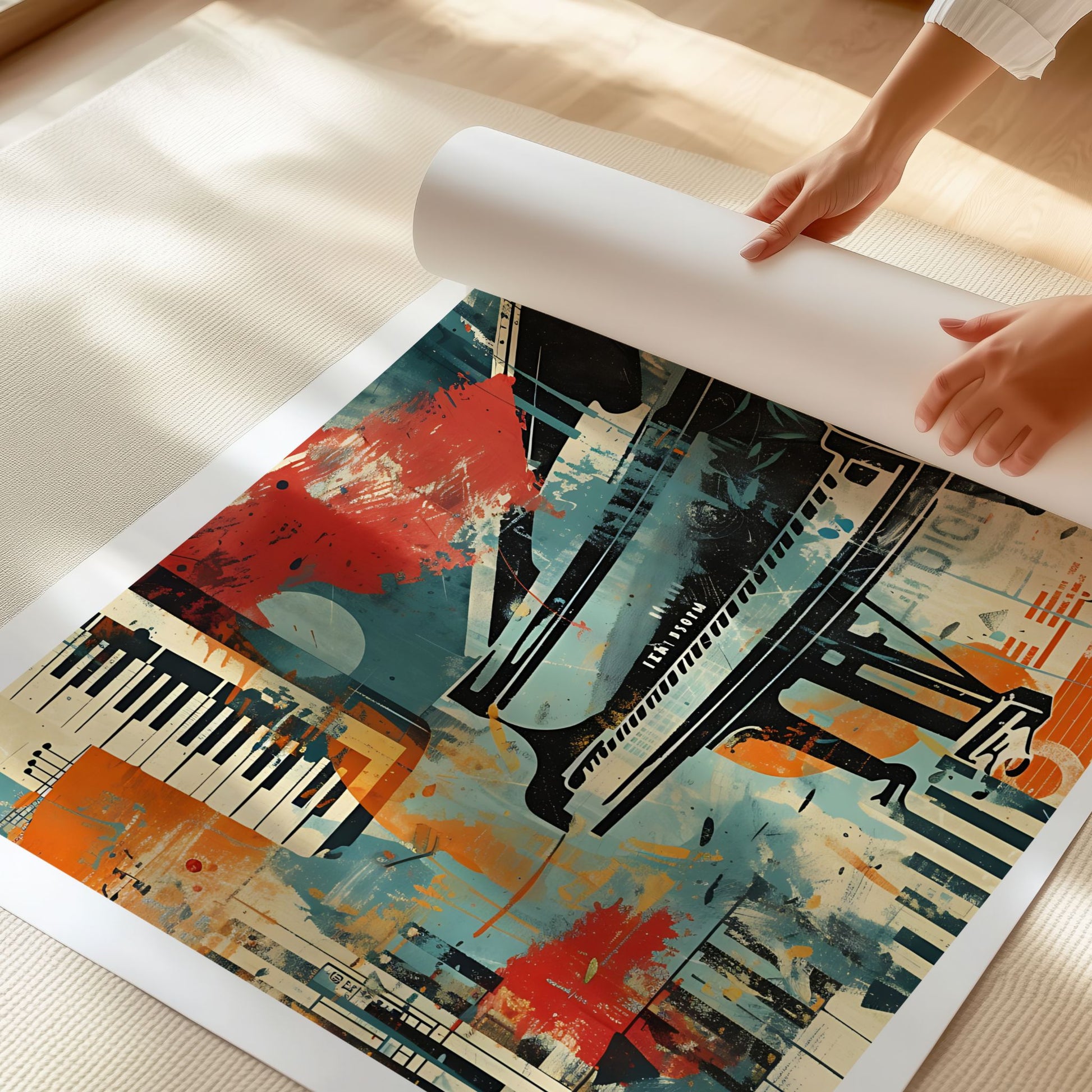 Nærbilde av Captivating Collages – Grand Piano som viser trykk på Premium Matte 230 g kunstpapir.