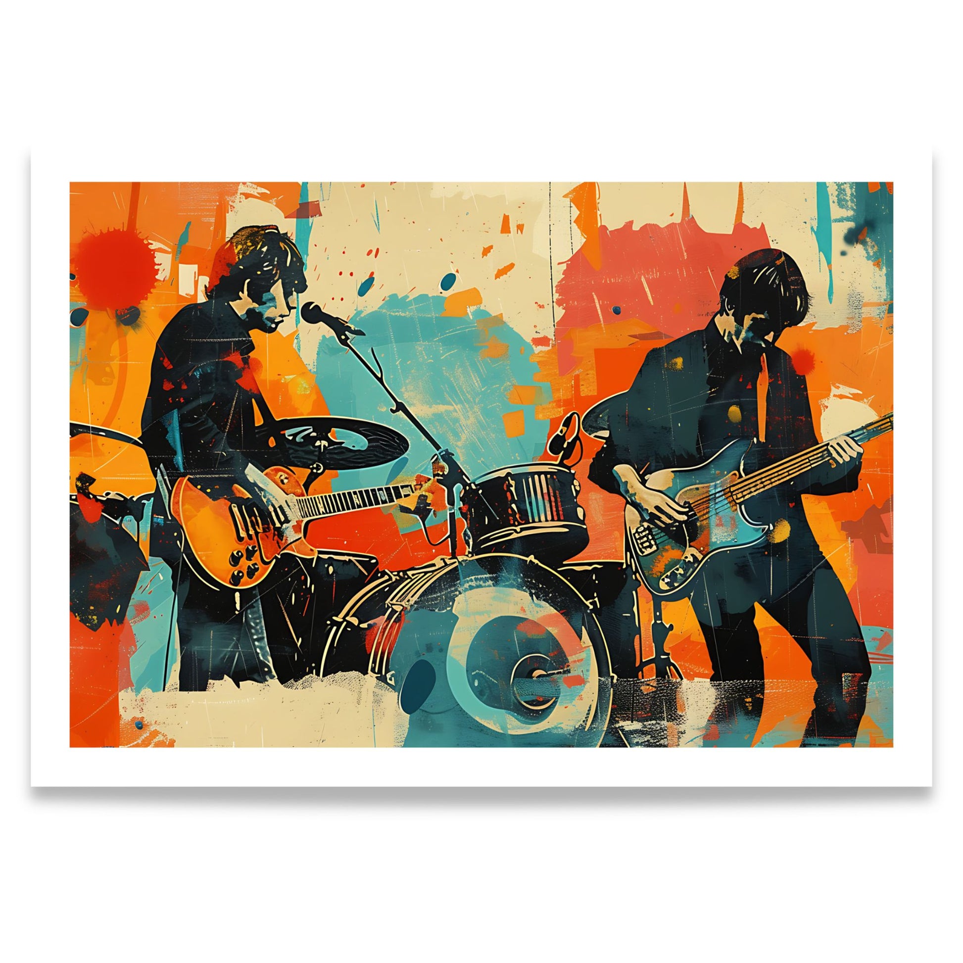 Captivating Collages – Live Session moderne musikkplakat med gitarist, bassist og trommesett i fargerik collagekunst.