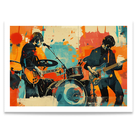 Captivating Collages – Live Session moderne musikkplakat med gitarist, bassist og trommesett i fargerik collagekunst.