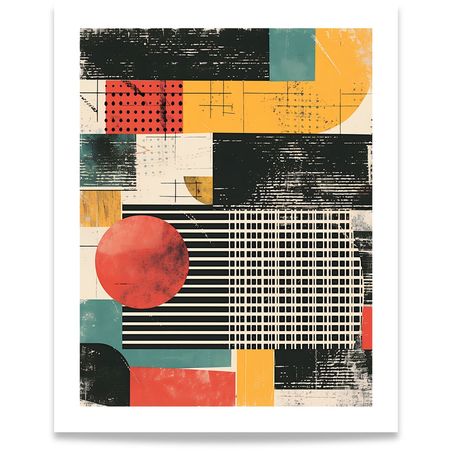 Captivating Collages – Modern Geometry grafisk plakat med geometriske former, rød sirkel og moderne fargepalett. Format 40x50.